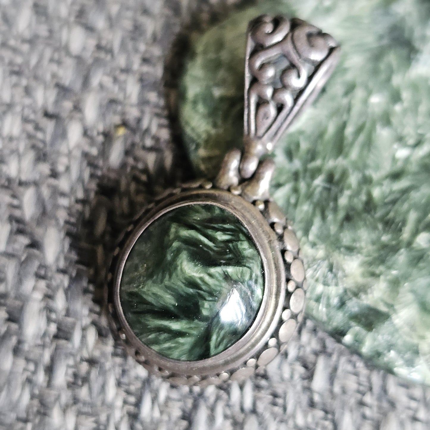 Rare Deep Forest Green Seraphanite ie. Angel Wing Pendant in Sterling Silver, Chunky Celtic Design with Large Bail
