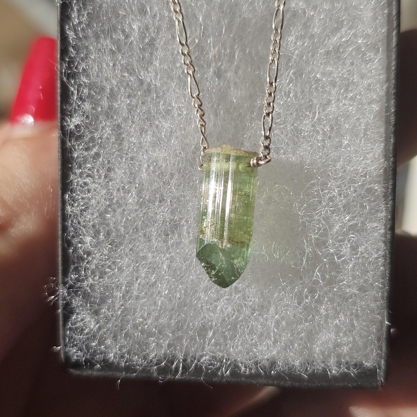 California Green Tourmaline Necklace: Raw Verdelite Crystal, Sterling Silver