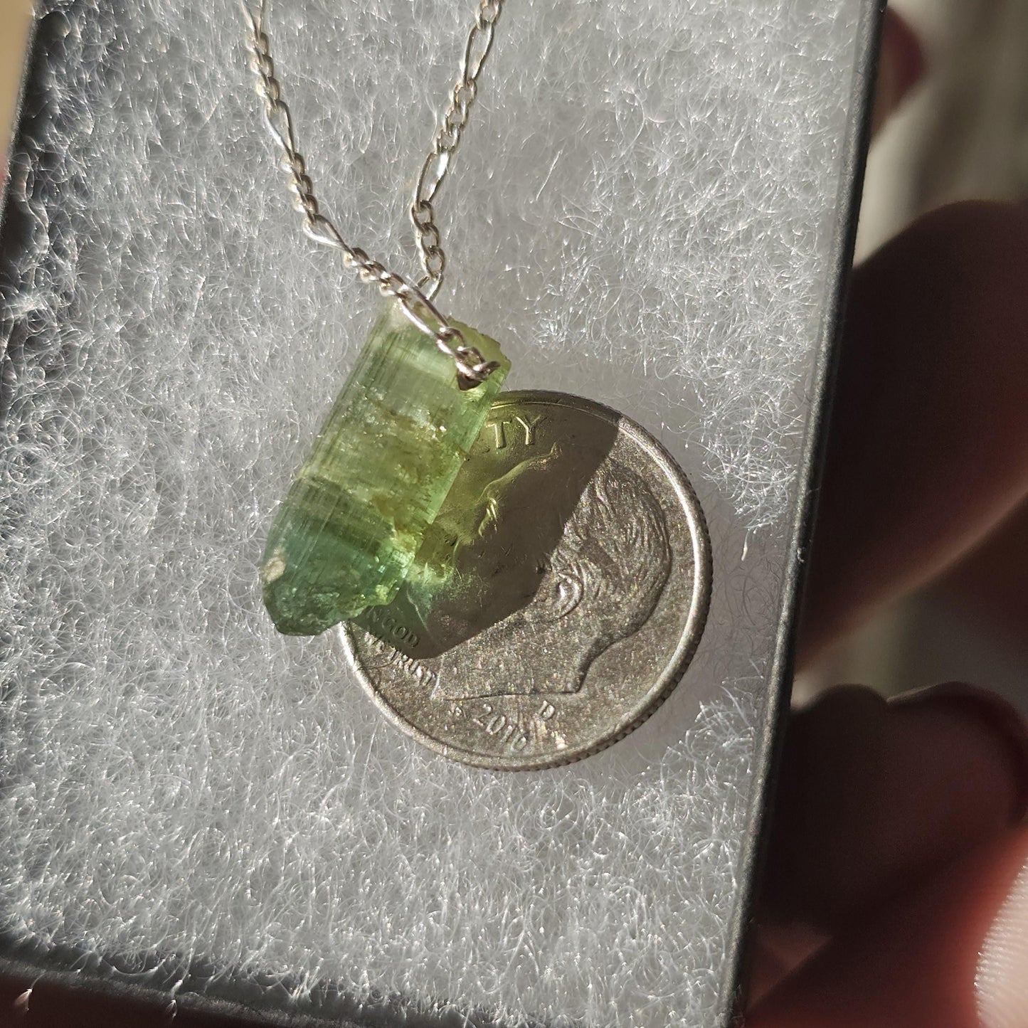 California Green Tourmaline Necklace: Raw Verdelite Crystal, Sterling Silver