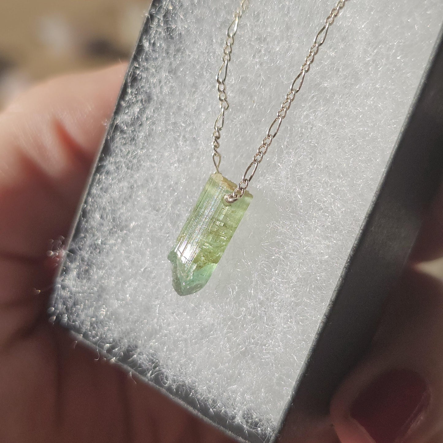 California Green Tourmaline Necklace: Raw Verdelite Crystal, Sterling Silver