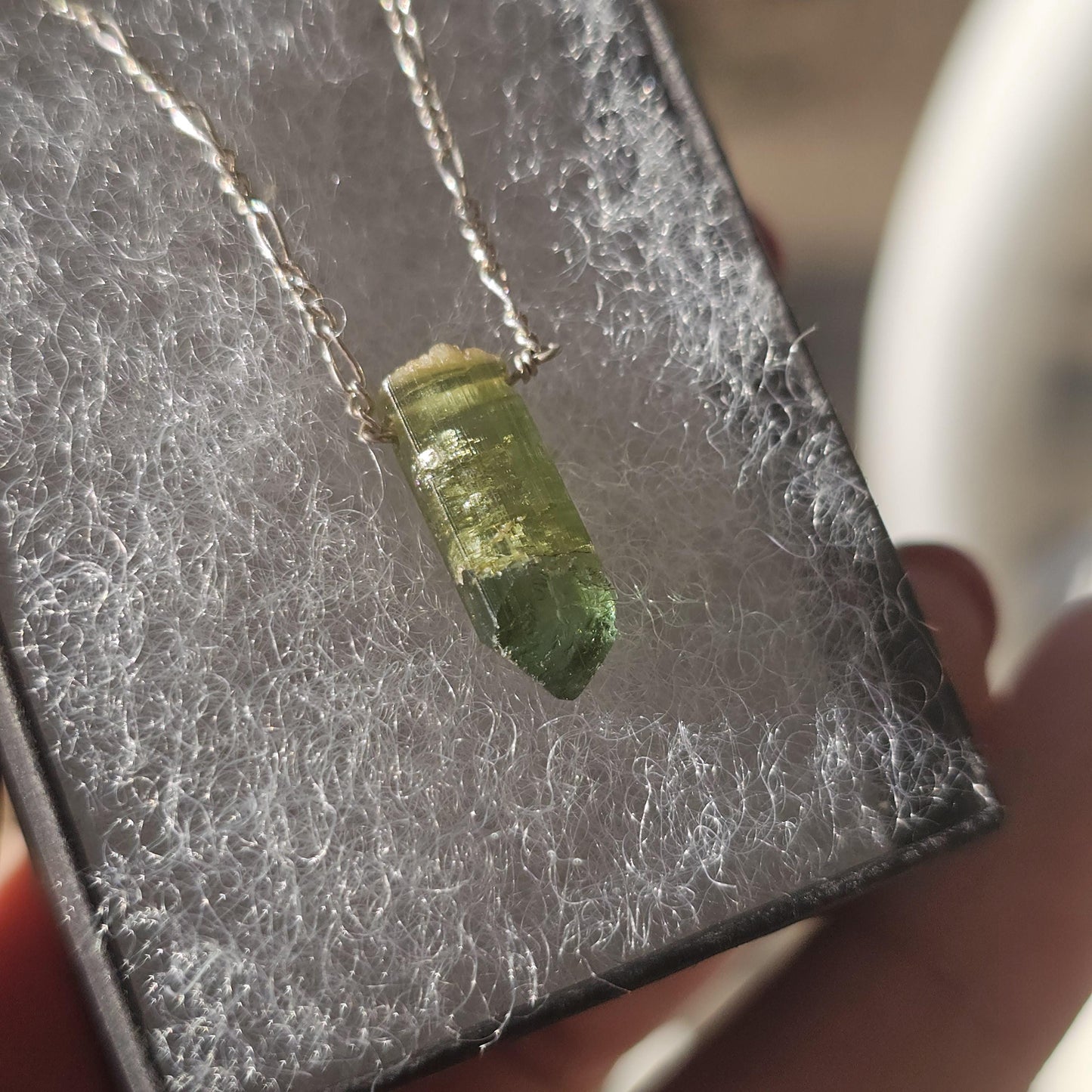 California Green Tourmaline Necklace: Raw Verdelite Crystal, Sterling Silver