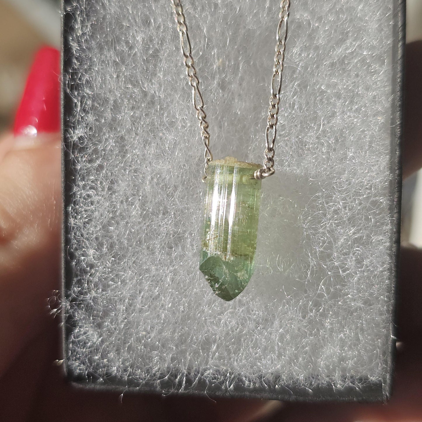 California Green Tourmaline Necklace: Raw Verdelite Crystal, Sterling Silver