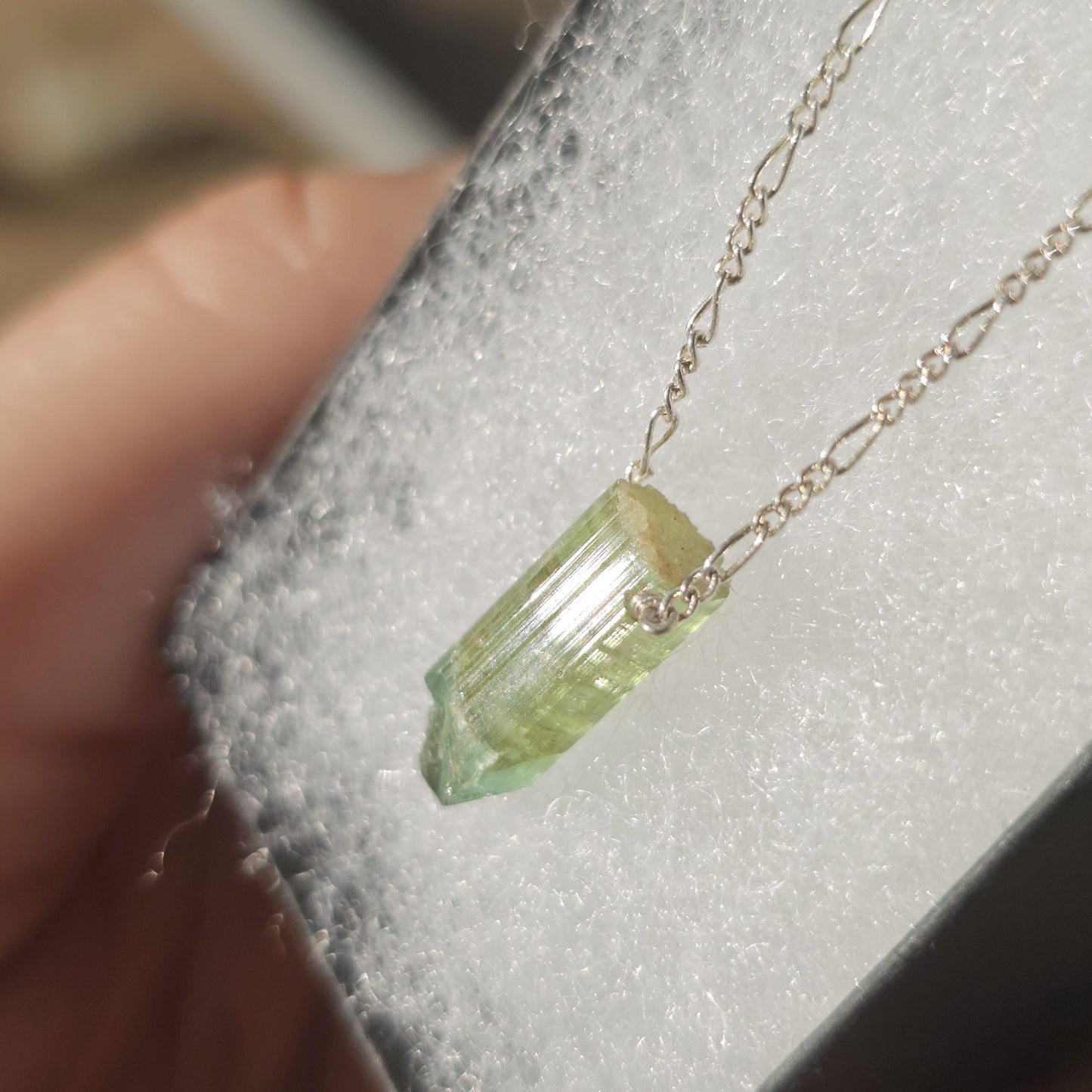 California Green Tourmaline Necklace: Raw Verdelite Crystal, Sterling Silver