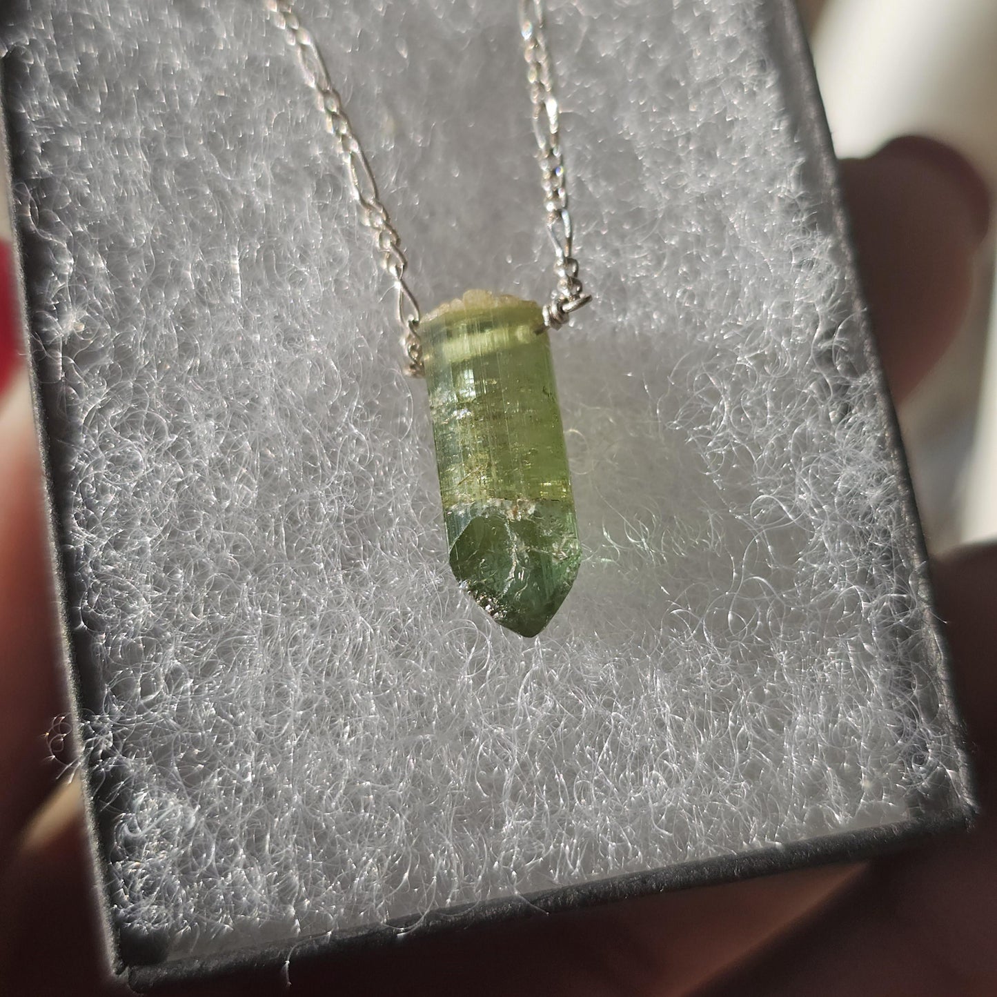 California Green Tourmaline Necklace: Raw Verdelite Crystal, Sterling Silver