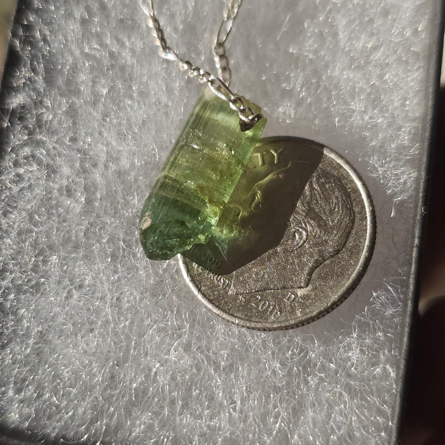 California Green Tourmaline Necklace: Raw Verdelite Crystal, Sterling Silver