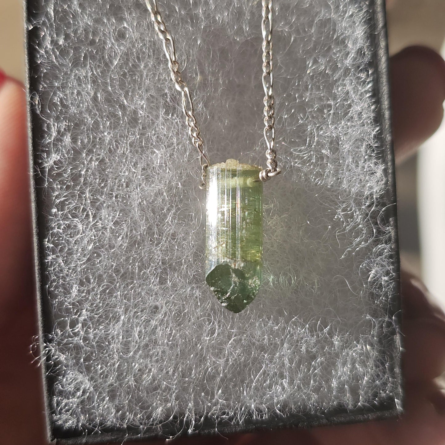 California Green Tourmaline Necklace: Raw Verdelite Crystal, Sterling Silver