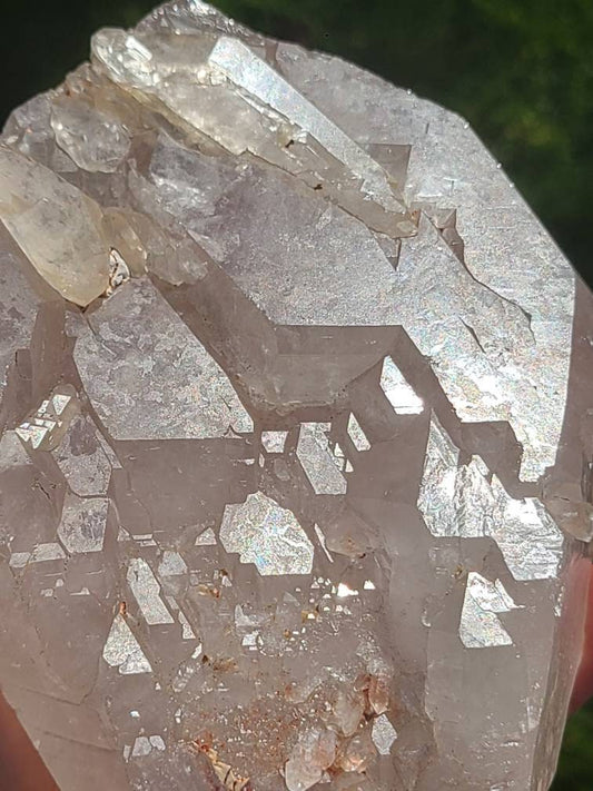 RESERVED for Bernhard Lemurian Quartz w Pink Mineral Coating, Rainbows | BIG Tabby Double Terminated Grid Centerpiece Collector Crystal