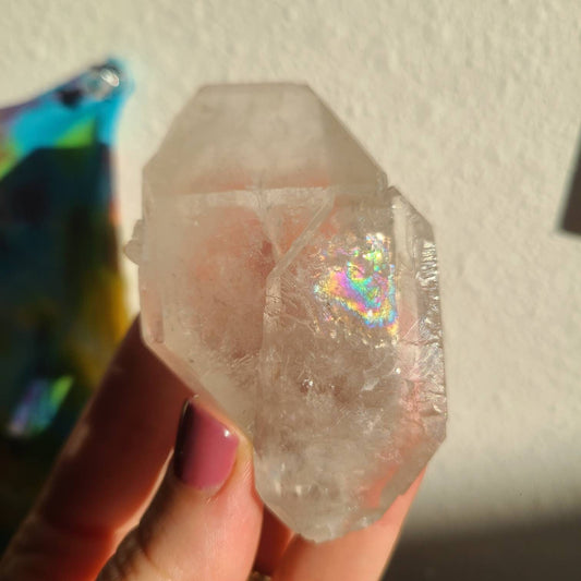 Awesome Twinned AND Double Terminated | Raw Natural Tabular Quartz Specimen with Big Bright Rainbow Inclusion