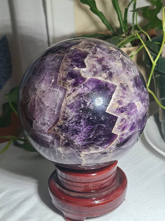 HUGE Dream Amethyst Sphere | Purple Amethyst with Chevrons, Cacoxenite, Clear Quartz, Goethite, Lepidochrosite, Rutile and Smoky Quartz