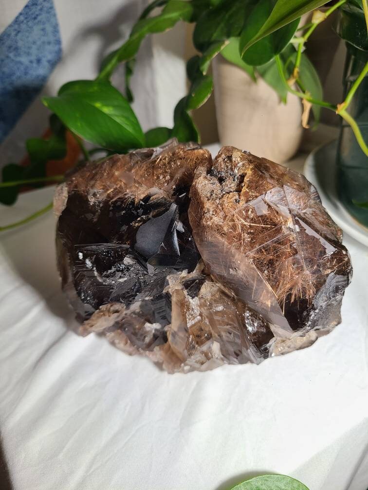Golden Rutile Quartz | Rare Raw XL AAA Rutilated Smoky Quartz w Pink Lithium, Double Terminated, High Clarity Etched Elestial from Brazil