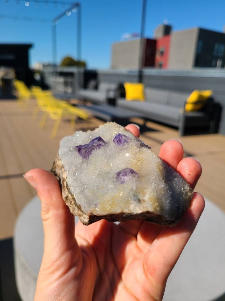 Gemmy Fluorite on Quartz Druzy with Matrix | Beautiful, Rare Self Standing Cabinet Display Crystal Combo on Matrix