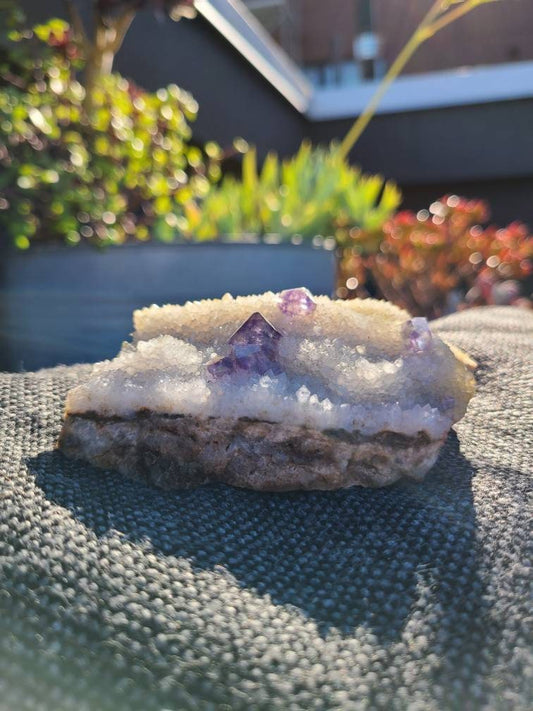 Gemmy Fluorite on Quartz Druzy with Matrix | Beautiful, Rare Self Standing Cabinet Display Crystal Combo on Matrix