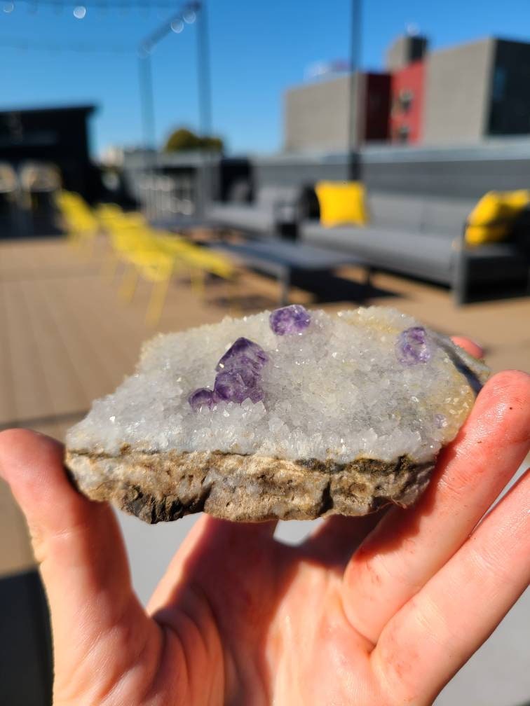 Gemmy Fluorite on Quartz Druzy with Matrix | Beautiful, Rare Self Standing Cabinet Display Crystal Combo on Matrix