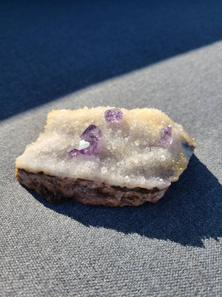 Gemmy Fluorite on Quartz Druzy with Matrix | Beautiful, Rare Self Standing Cabinet Display Crystal Combo on Matrix