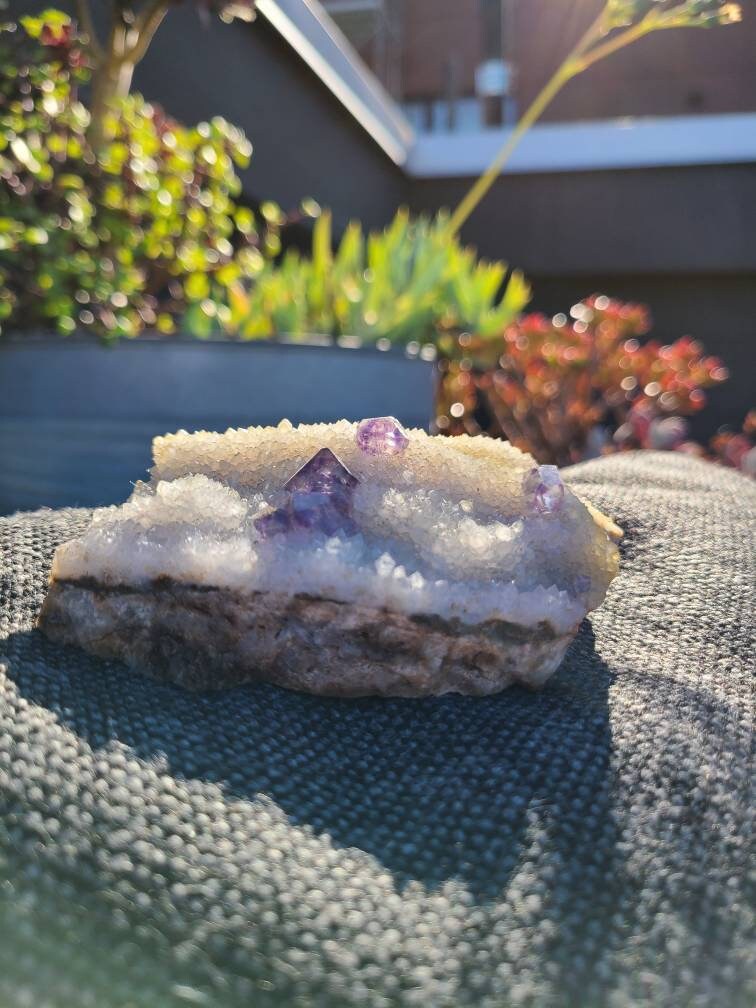 Gemmy Fluorite on Quartz Druzy with Matrix | Beautiful, Rare Self Standing Cabinet Display Crystal Combo on Matrix