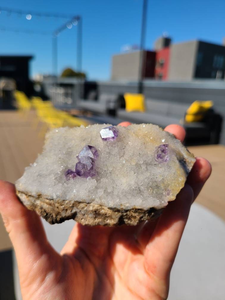 Gemmy Fluorite on Quartz Druzy with Matrix | Beautiful, Rare Self Standing Cabinet Display Crystal Combo on Matrix