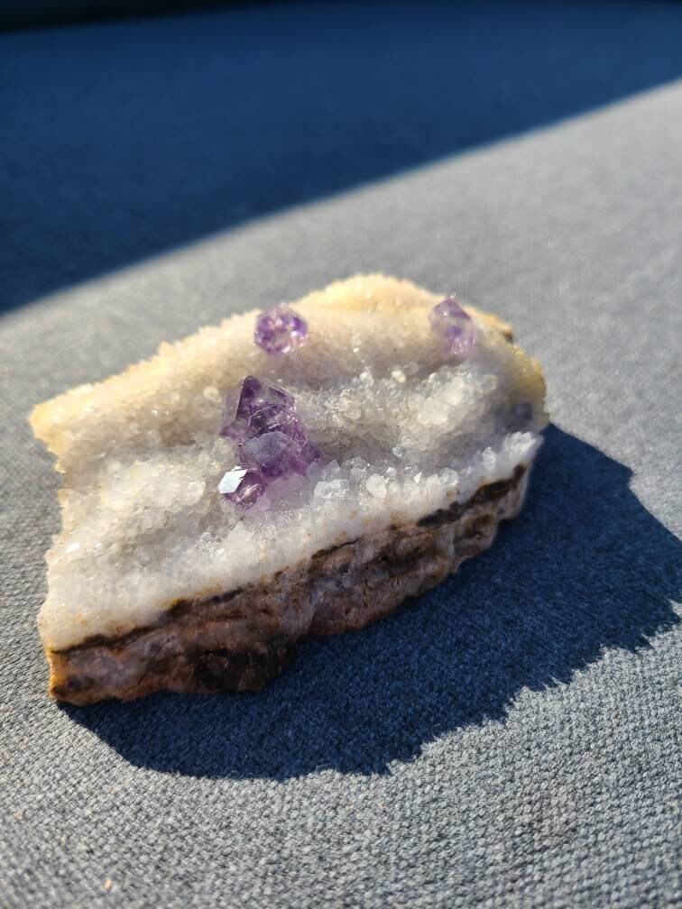 Gemmy Fluorite on Quartz Druzy with Matrix | Beautiful, Rare Self Standing Cabinet Display Crystal Combo on Matrix