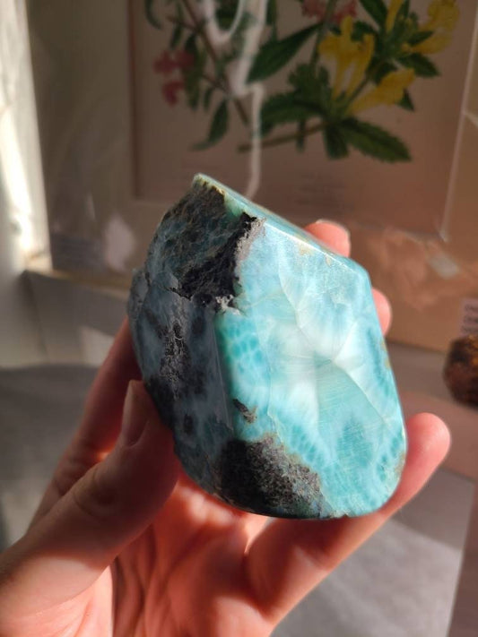 Big Larimar Carving, with Raw Matrix, Chatoyant AAA, High Grade Blue | 172 gram Specimen, Large Larimar Freeform, Dominican Republic