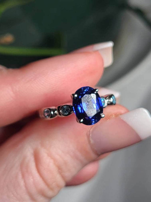 Sapphire and Blue Topaz Ring, US Size 6 3/4, 925 Sterling Silver | September and November Birthstones, Deep Blue Sapphire Oval