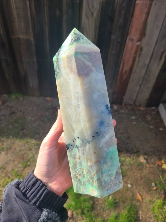 Flashy 6lb Green Moonstone Tower, XL Polished Tower, w Rainbow Flash | High Grade, AAA Garnierite, with Black Tourmaline and Pink Feldspar