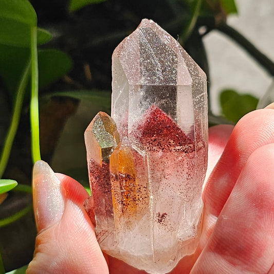 Hematite Phantom Quartz, 'Sunset Fire' Phantom India, Water Clear High Grade Collector Crystal, Red Glitter Pyramid Inside Raw Rare Specimen