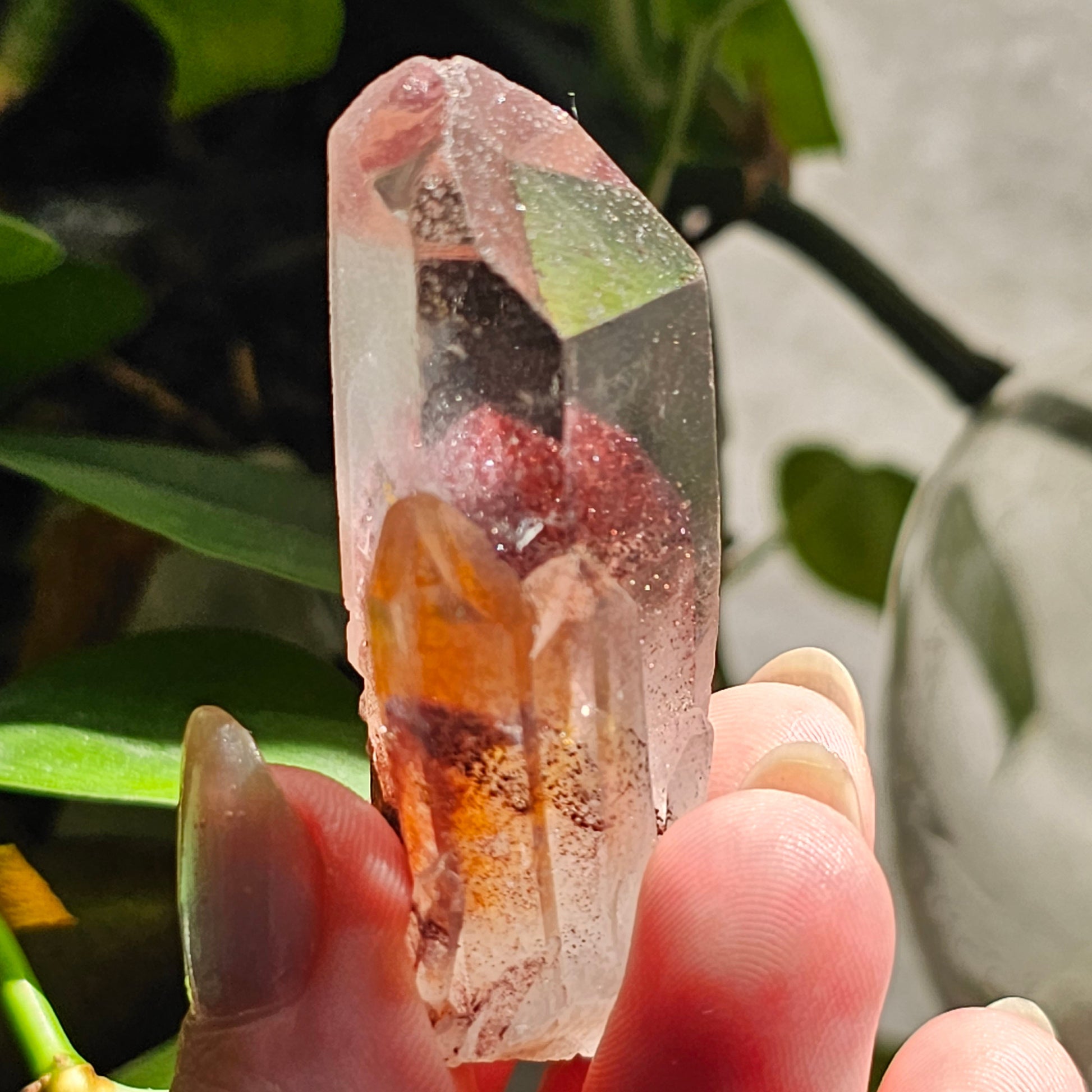 Hematite Phantom Quartz, 'Sunset Fire' Phantom India, Water Clear High Grade Collector Crystal, Red Glitter Pyramid Inside Raw Rare Specimen