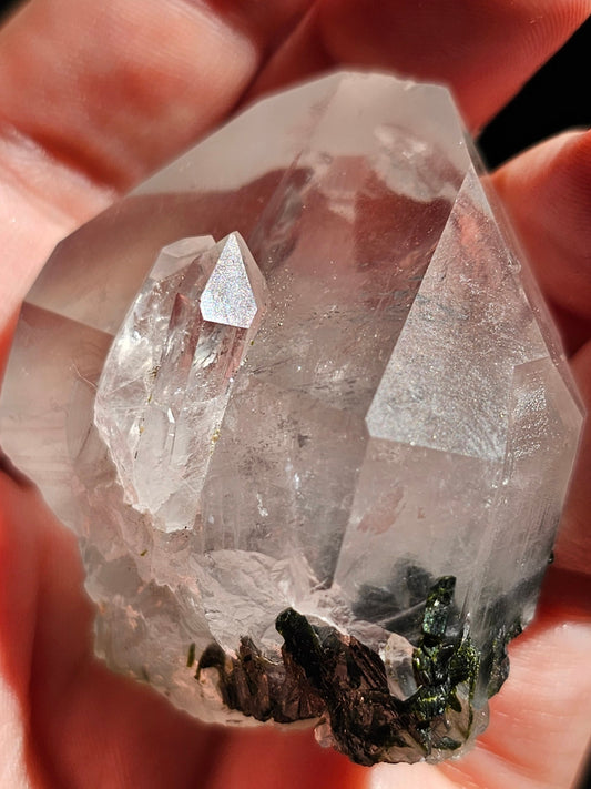 86g Clear Quartz with Epidote, Raw Rare Crystal Combo, Glassy, Terminated Specimen with Twins, Sidecar Crystal, Forest Green and White Clear