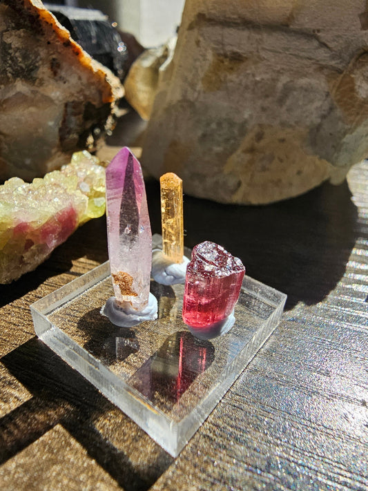 Colorful Gemstones Set, Cute Raw Precious Stone Crystals | Rubellite Tourmaline, Imperial Topaz Brazil, & Purple Vera Cruz Amethyst Point