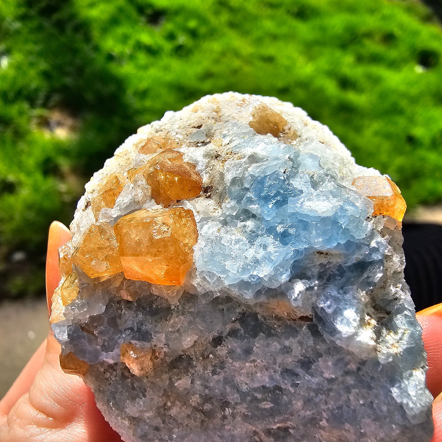 Orange Garnet on Blue Calcite, Rare Old Stock High Color Contrast, Natural Mineral Crystal Specimen from Kenya