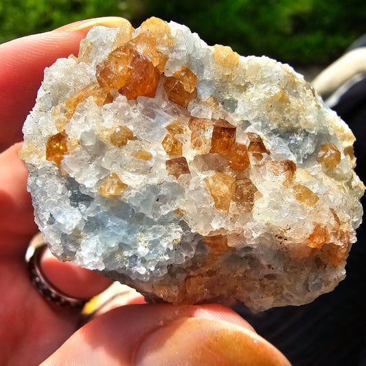 Orange Garnet on Blue Calcite, Rare Old Stock High Color Contrast, Natural Mineral Crystal Specimen from Kenya