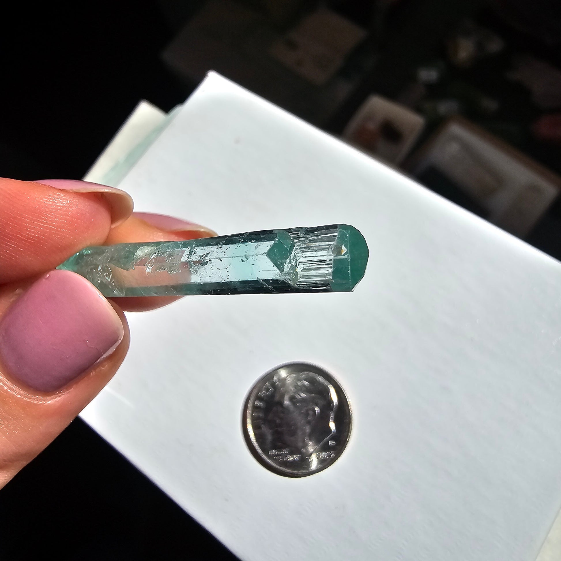 15.5ct Vanadium Beryl Pencil, Natural Terminated Crystal, Rare Banded Emerald, Aquamarine, Bright Neon Gem, Genuine Collector Gemstone