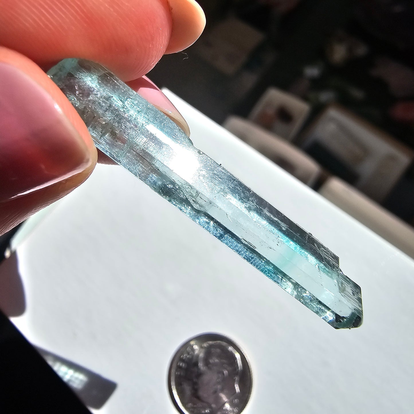 15.5ct Vanadium Beryl Pencil, Natural Terminated Crystal, Rare Banded Emerald, Aquamarine, Bright Neon Gem, Genuine Collector Gemstone