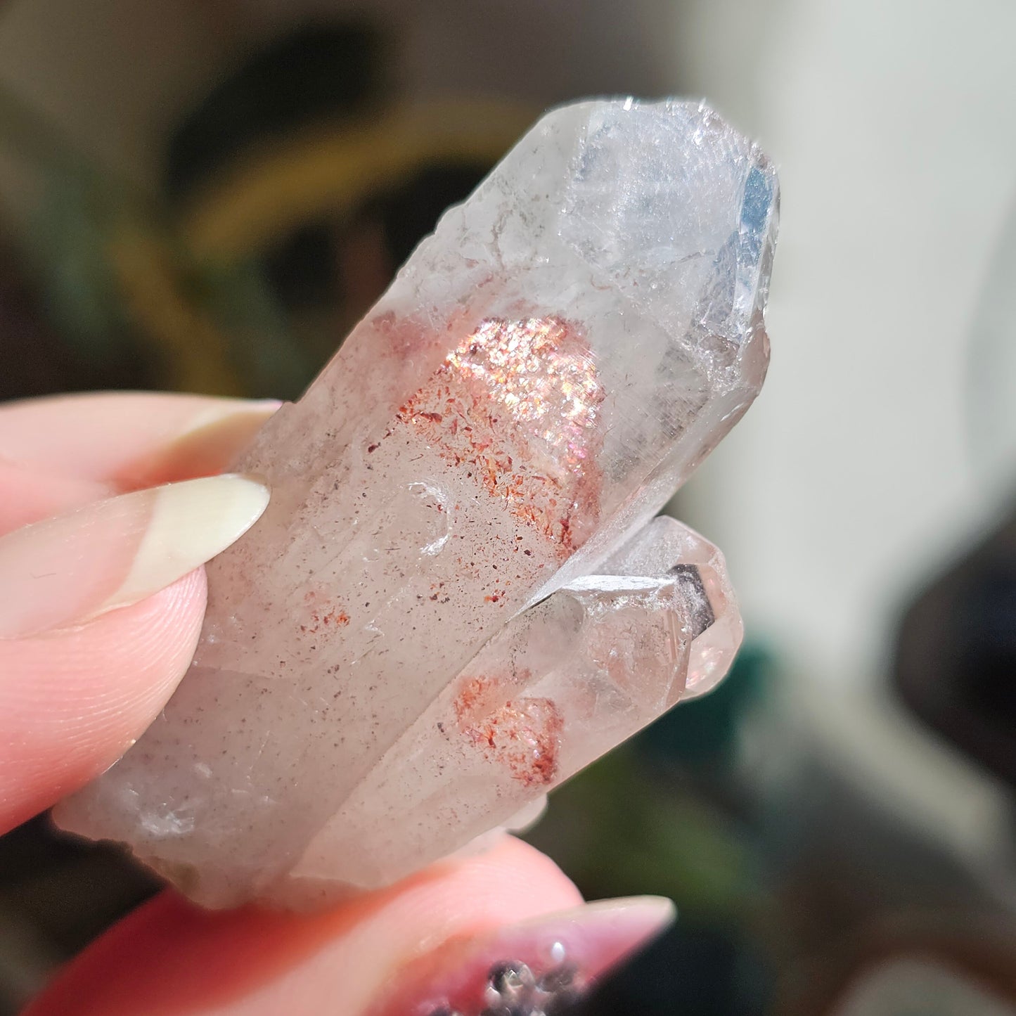 Harlequin Quartz Crystal, Orire, Natural Hematite Phantom Included, 23g 'Disco Fire Quartz', Oyo State Nigeria, Rare Glitter Red Inside