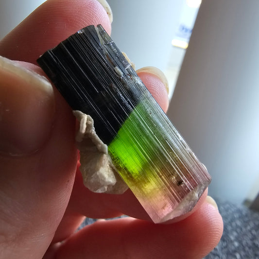Tourmaline Crystal w Cleavandite, 9.2g Stak Nala Green & Pink Elbaite, Watermelon Tourmaline Colors, Distinct Light Shifts, Rare Mineral Art