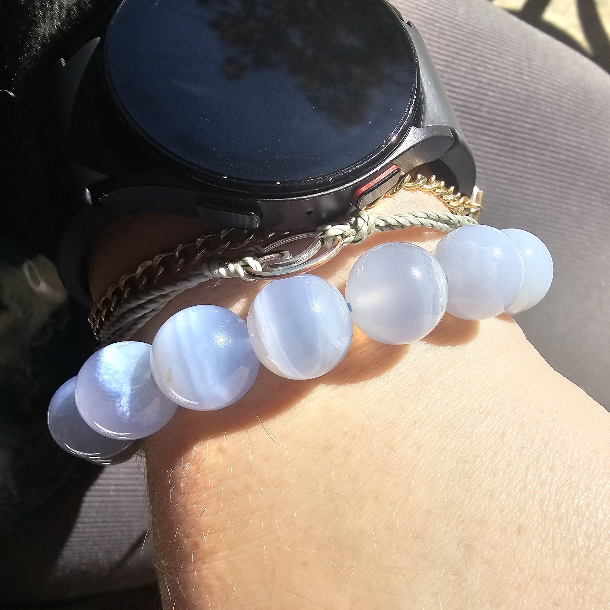 Blue Lace Agate, HQ Gemstone Bracelet, 12mm Rare Large High End, Gemmy Light Blue, Banded Agate, Milky Blue AAA Beads for Collector
