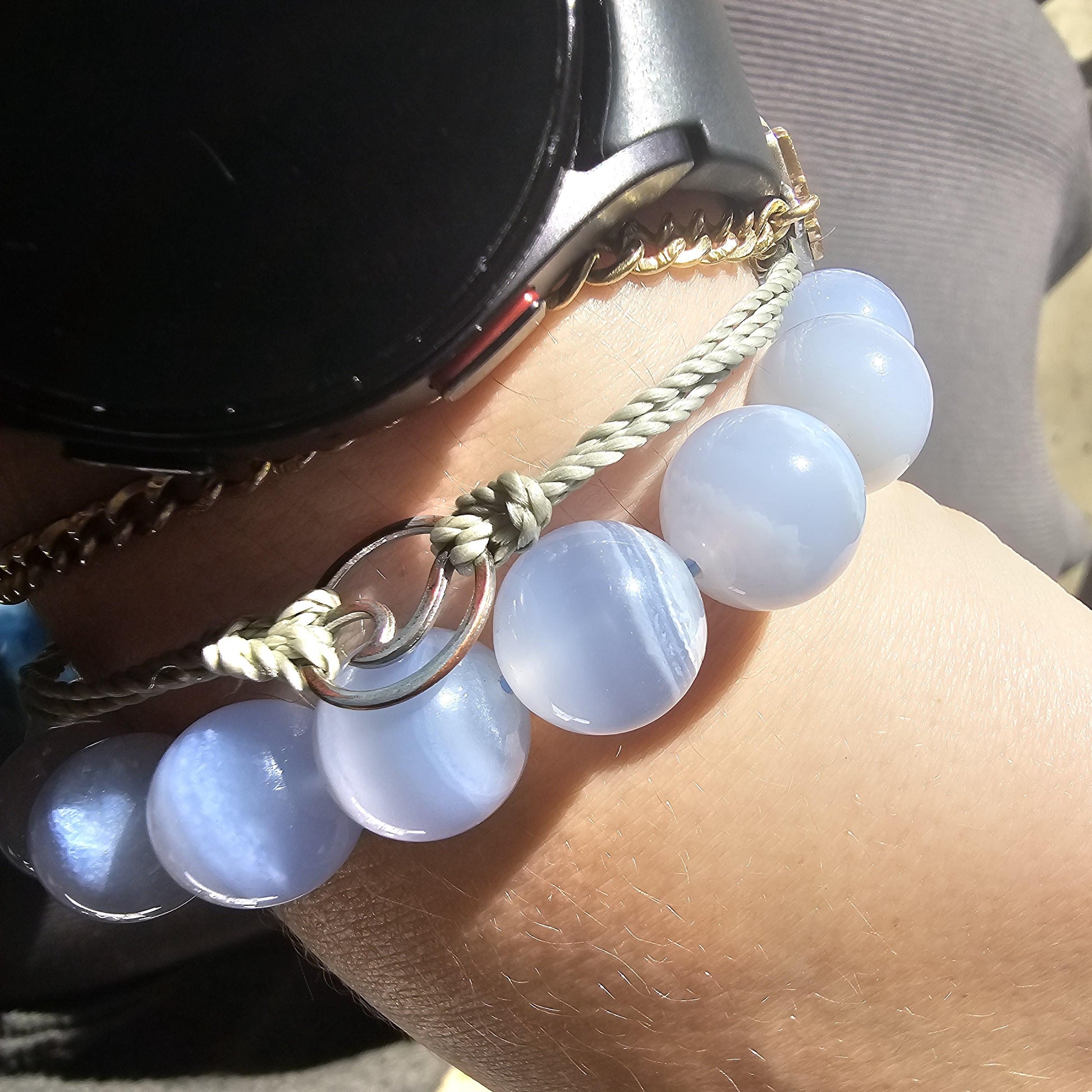 Blue Lace Agate, HQ Gemstone Bracelet, 12mm Rare Large High End, Gemmy Light Blue, Banded Agate, Milky Blue AAA Beads for Collector