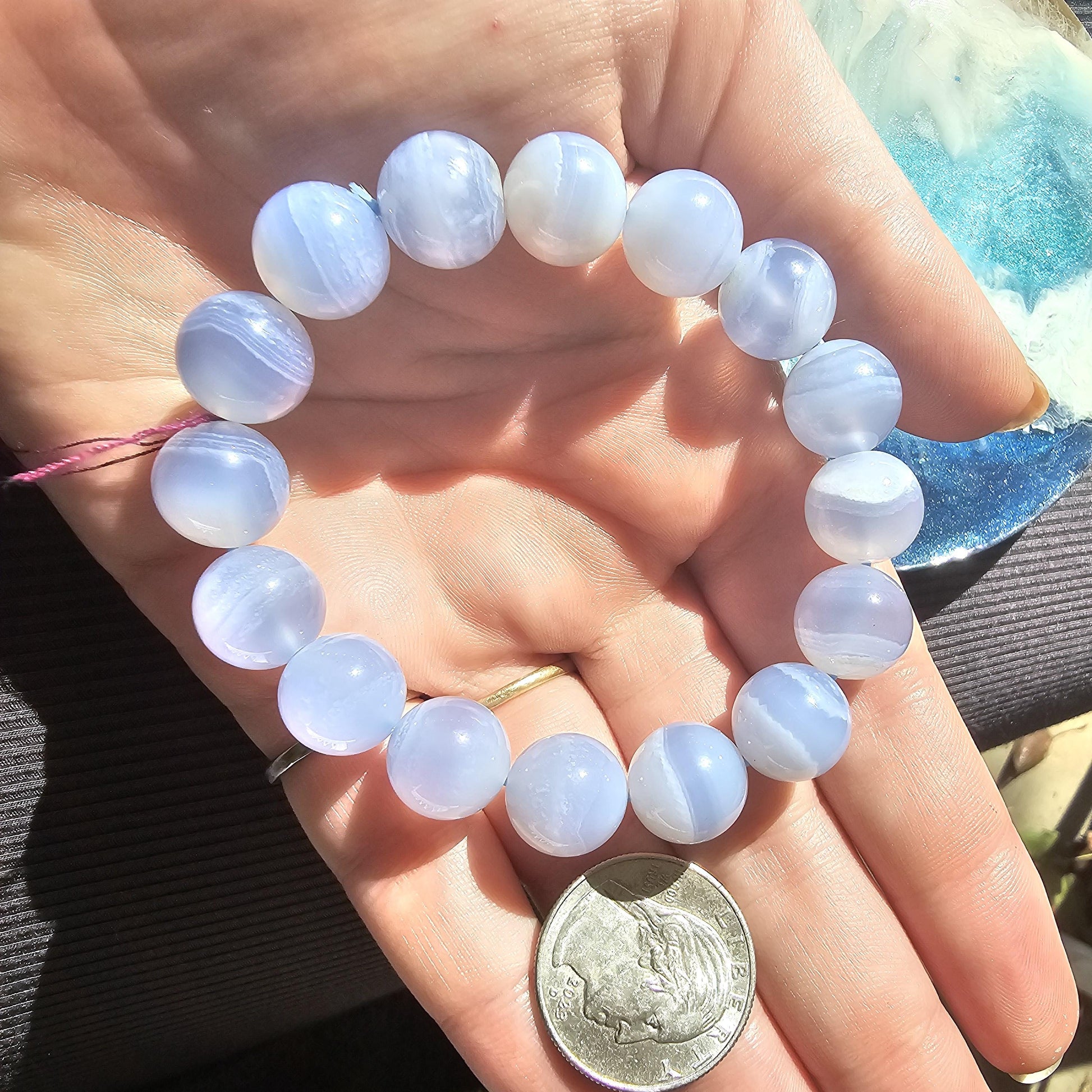 Blue Lace Agate, HQ Gemstone Bracelet, 12mm Rare Large High End, Gemmy Light Blue, Banded Agate, Milky Blue AAA Beads for Collector