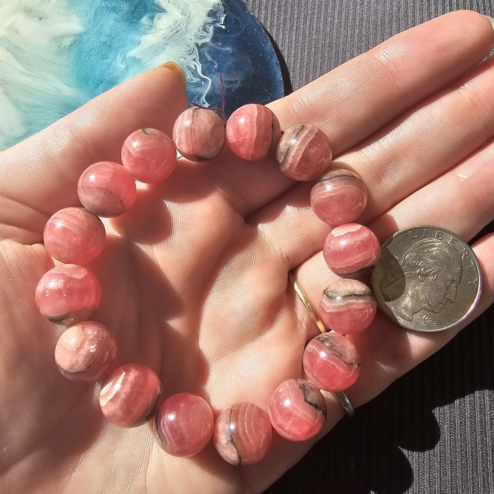 Rhodochrosite Bracelet, 12mm HQ High Grade, Gemmy Rhodo, Argentina, Large Beads, 57g Medium Size, Collectors Choice Crystal Gemstone Jewelry