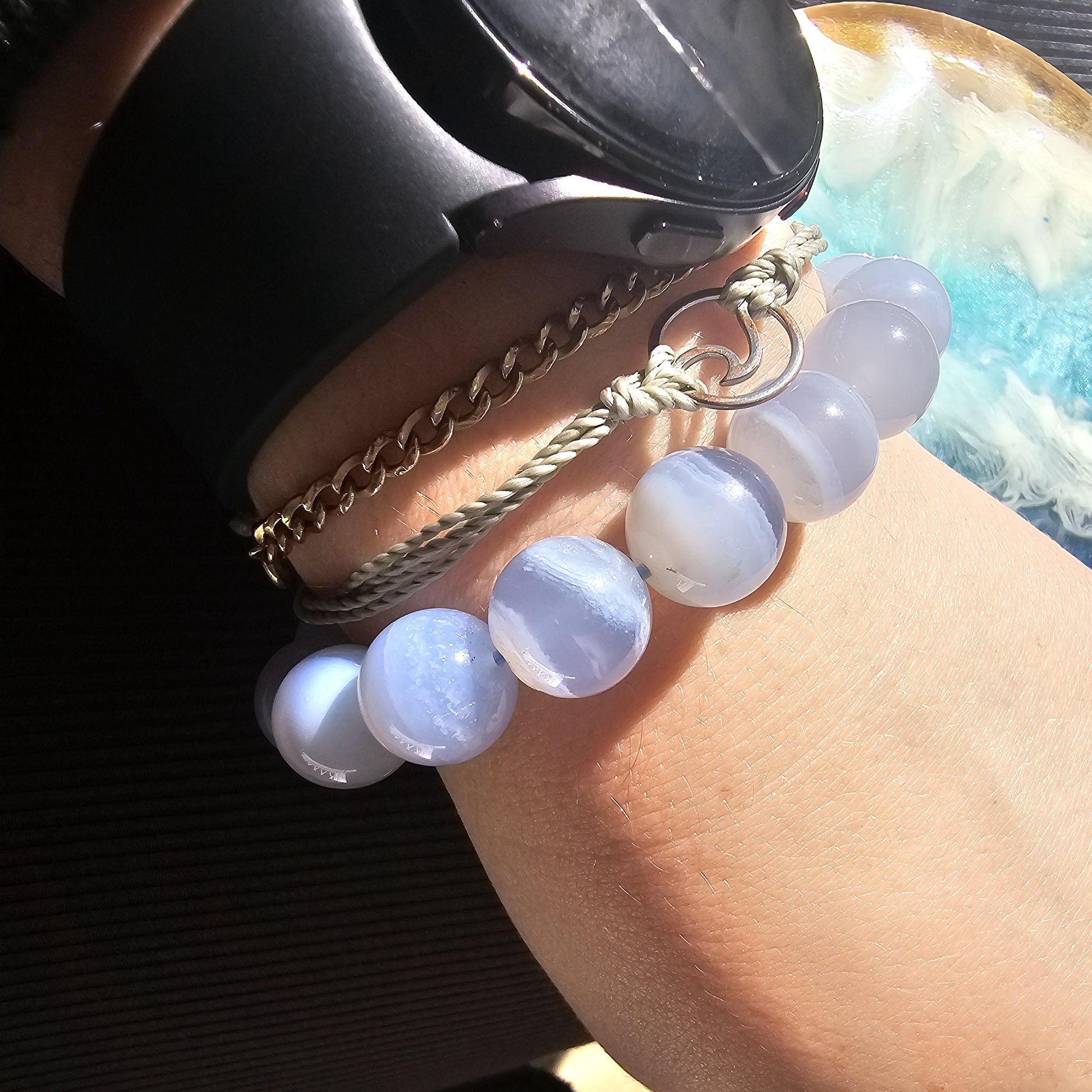 Blue Lace Agate, HQ Gemstone Bracelet, 12mm Rare Large High End, Gemmy Light Blue, Banded Agate, Milky Blue AAA Beads for Collector