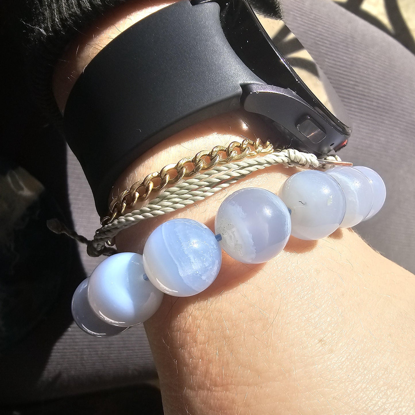 Blue Lace Agate, HQ Gemstone Bracelet, 12mm Rare Large High End, Gemmy Light Blue, Banded Agate, Milky Blue AAA Beads for Collector