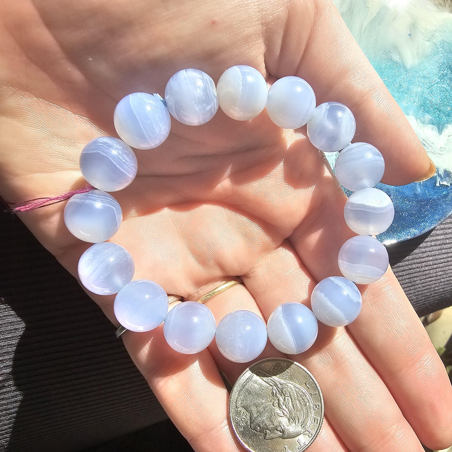 Blue Lace Agate, HQ Gemstone Bracelet, 12mm Rare Large High End, Gemmy Light Blue, Banded Agate, Milky Blue AAA Beads for Collector