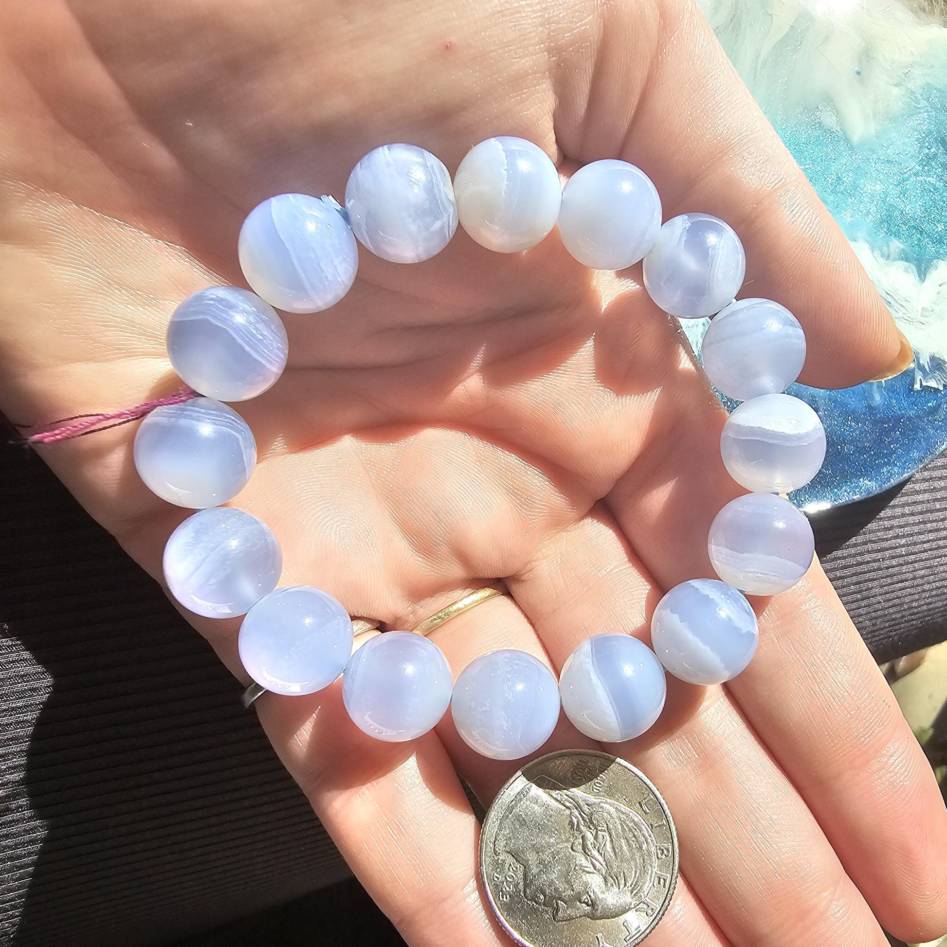 Blue Lace Agate, HQ Gemstone Bracelet, 12mm Rare Large High End, Gemmy Light Blue, Banded Agate, Milky Blue AAA Beads for Collector