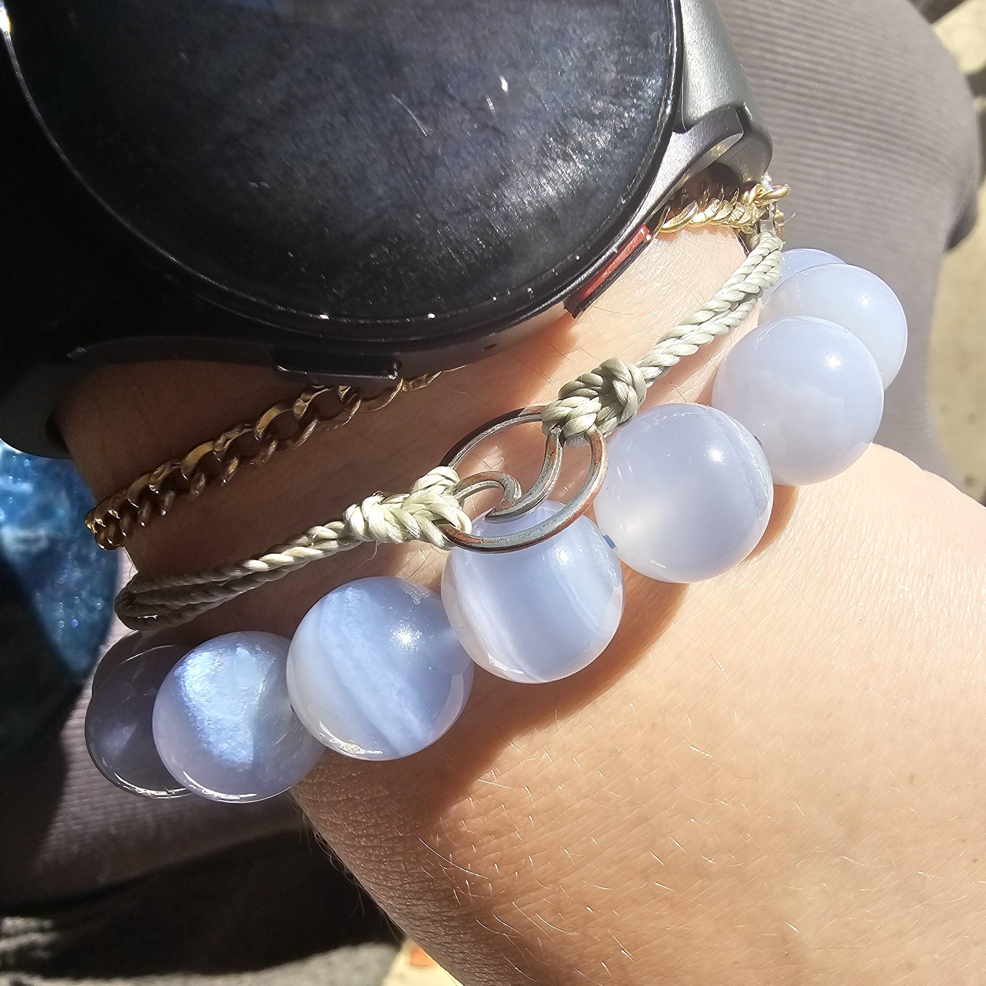 Blue Lace Agate, HQ Gemstone Bracelet, 12mm Rare Large High End, Gemmy Light Blue, Banded Agate, Milky Blue AAA Beads for Collector