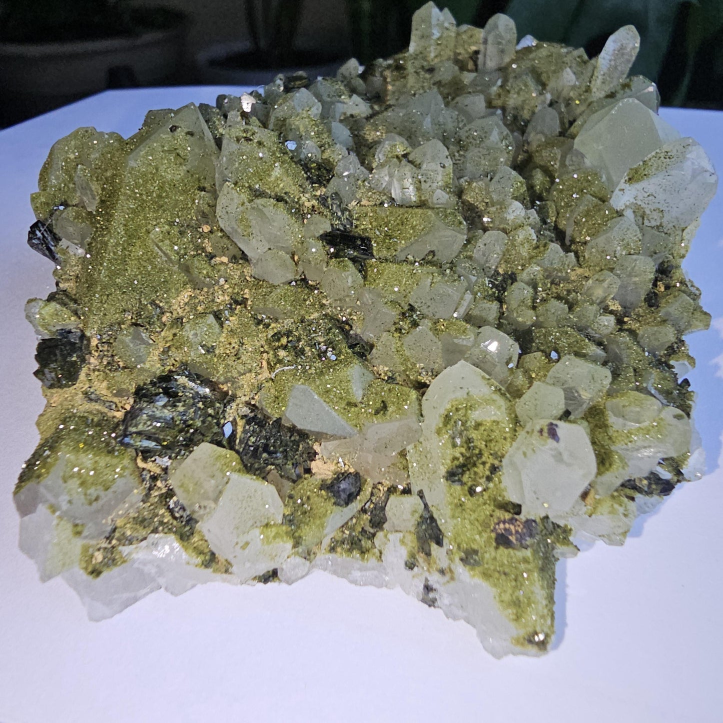 Epidote on Phantom Quartz, Chlorite or Fuschite Included New Find Combo Specimen