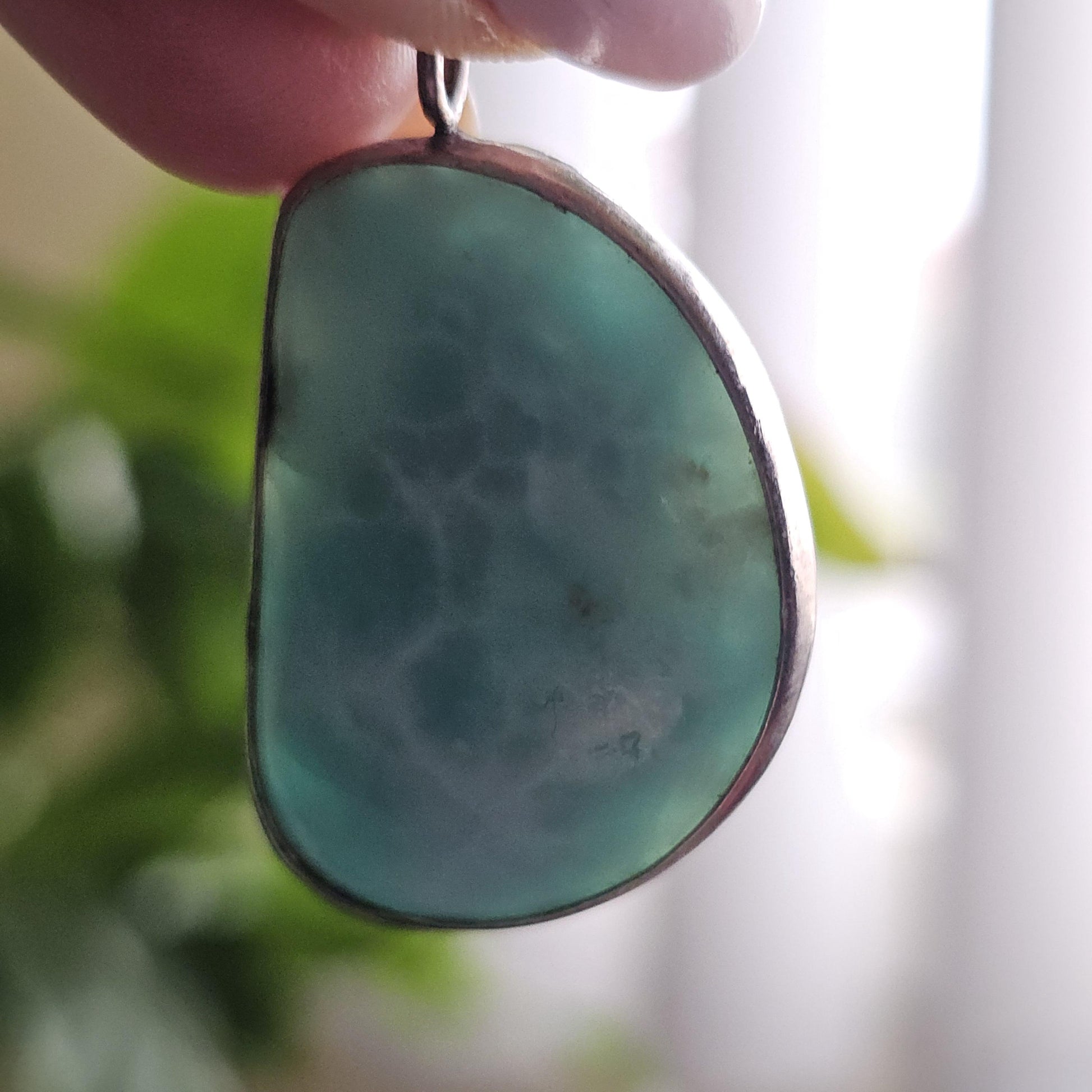 Larimar Pendant in 925 Silver, Blue Ocean Link Pattern, Rare Material, Dominican Republic, Baby Blue Translucent, Open Back, USA Made, OOAK