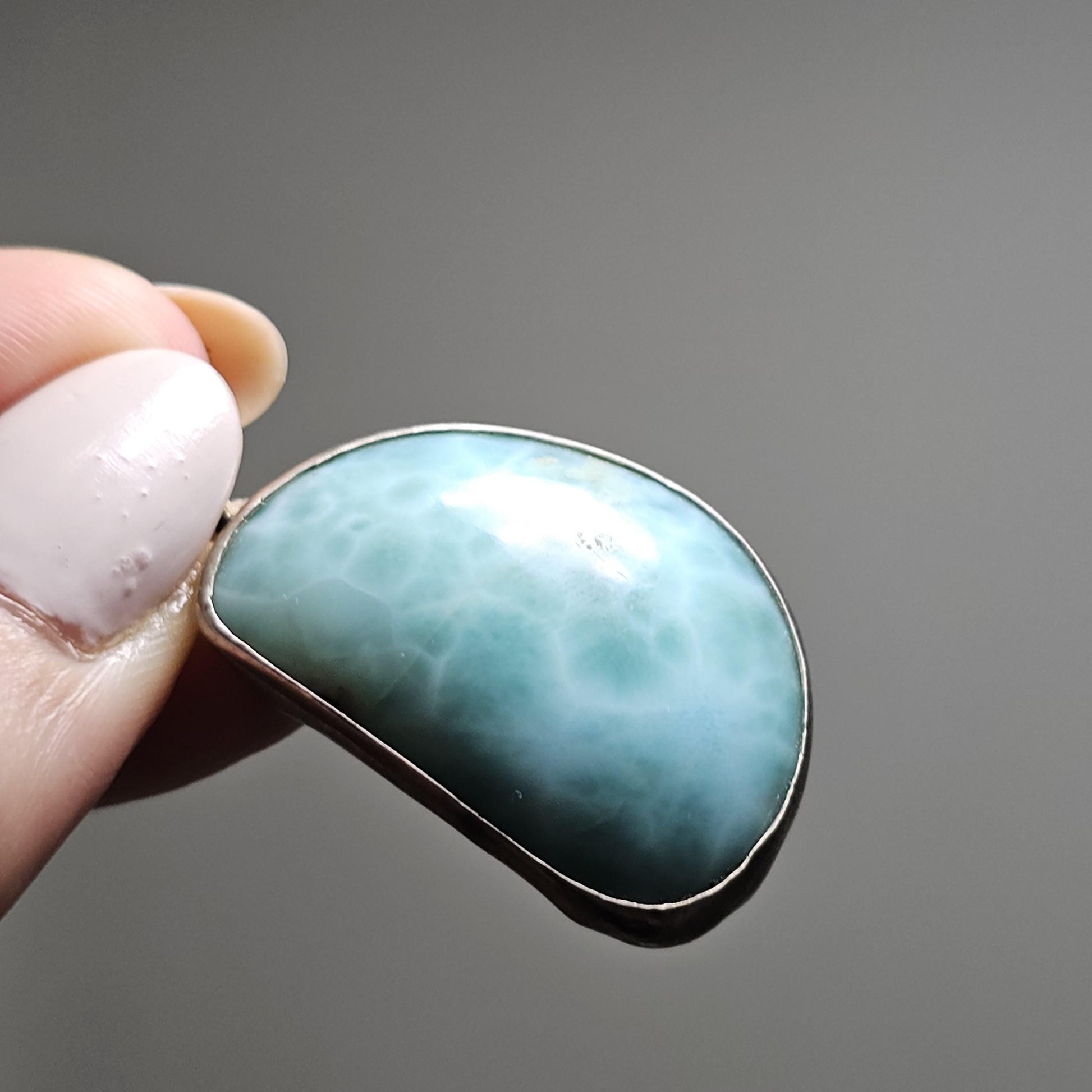 Larimar Pendant in 925 Silver, Blue Ocean Link Pattern, Rare Material, Dominican Republic, Baby Blue Translucent, Open Back, USA Made, OOAK