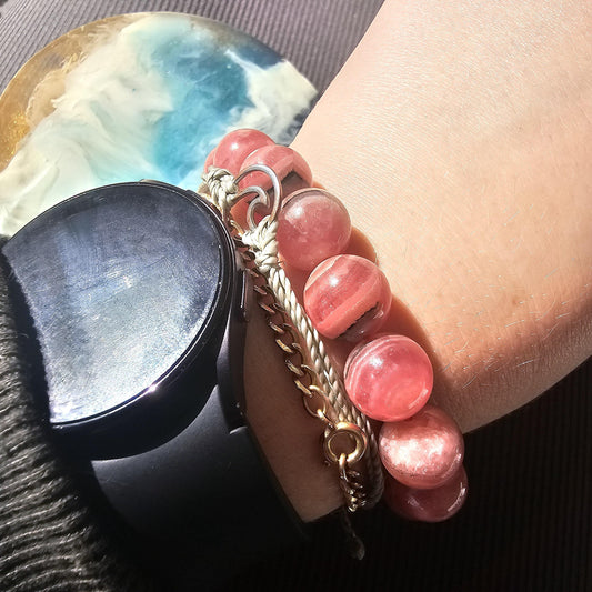 Rhodochrosite Bracelet, 12mm HQ High Grade, Gemmy Rhodo, Argentina, Large Beads, 57g Medium Size, Collectors Choice Crystal Gemstone Jewelry