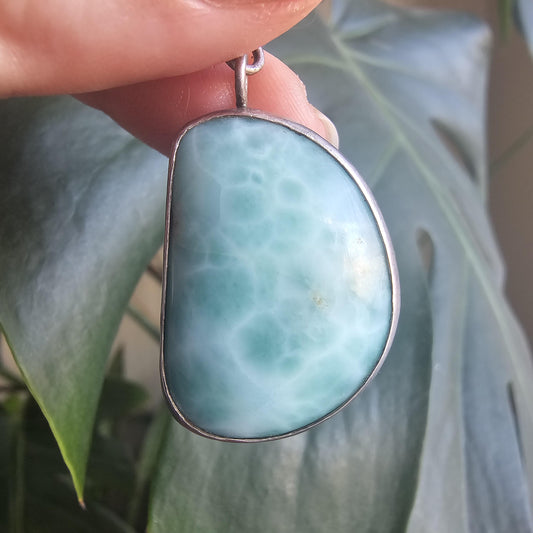 Larimar Pendant in 925 Silver, Blue Ocean Link Pattern, Rare Material, Dominican Republic, Baby Blue Translucent, Open Back, USA Made, OOAK