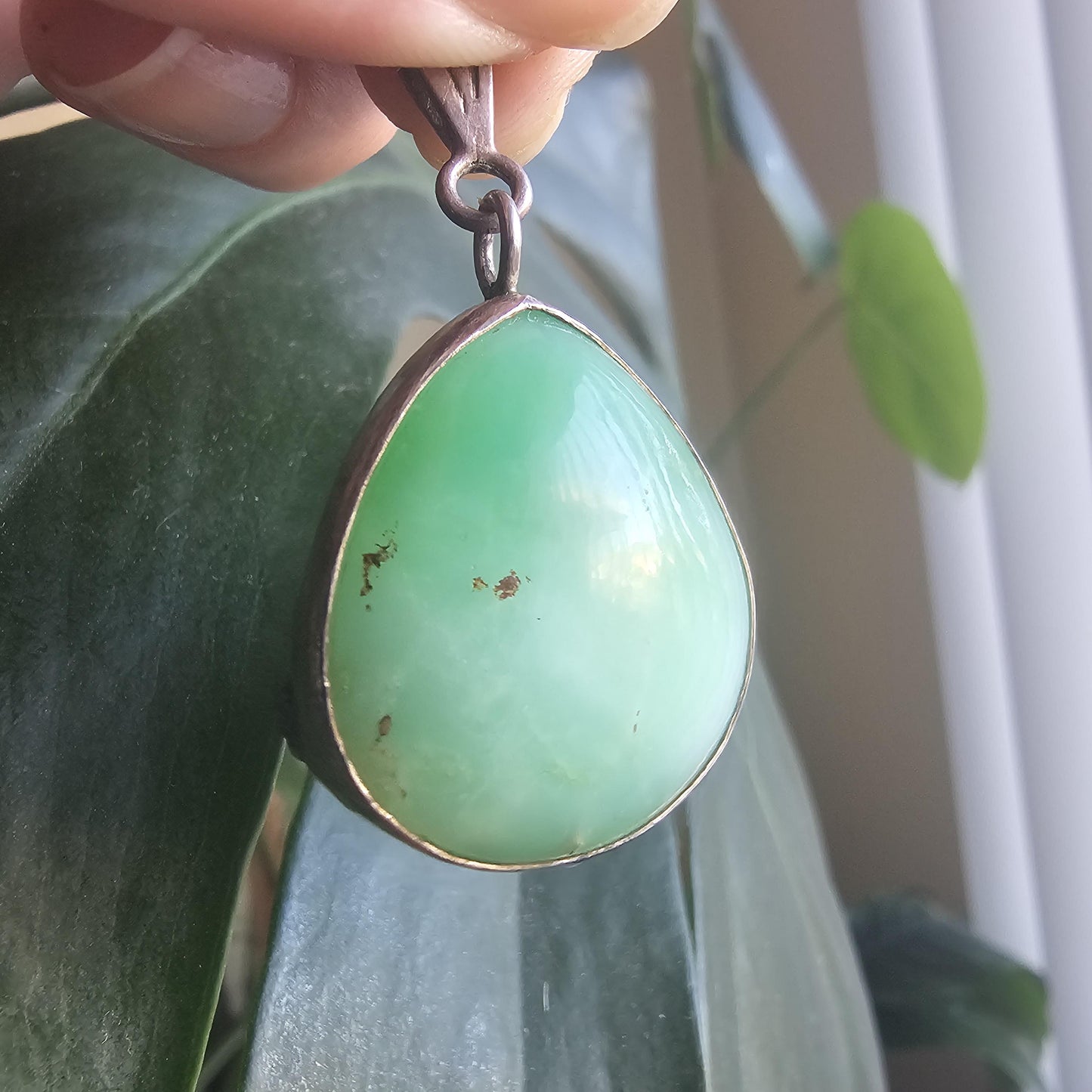 Chrysoprase Pendant, 925 Sterling Silver, OOAK Handmade Gemstone Necklace, Natural Teal Green like Jade, Agate from Australia, US Made Gift