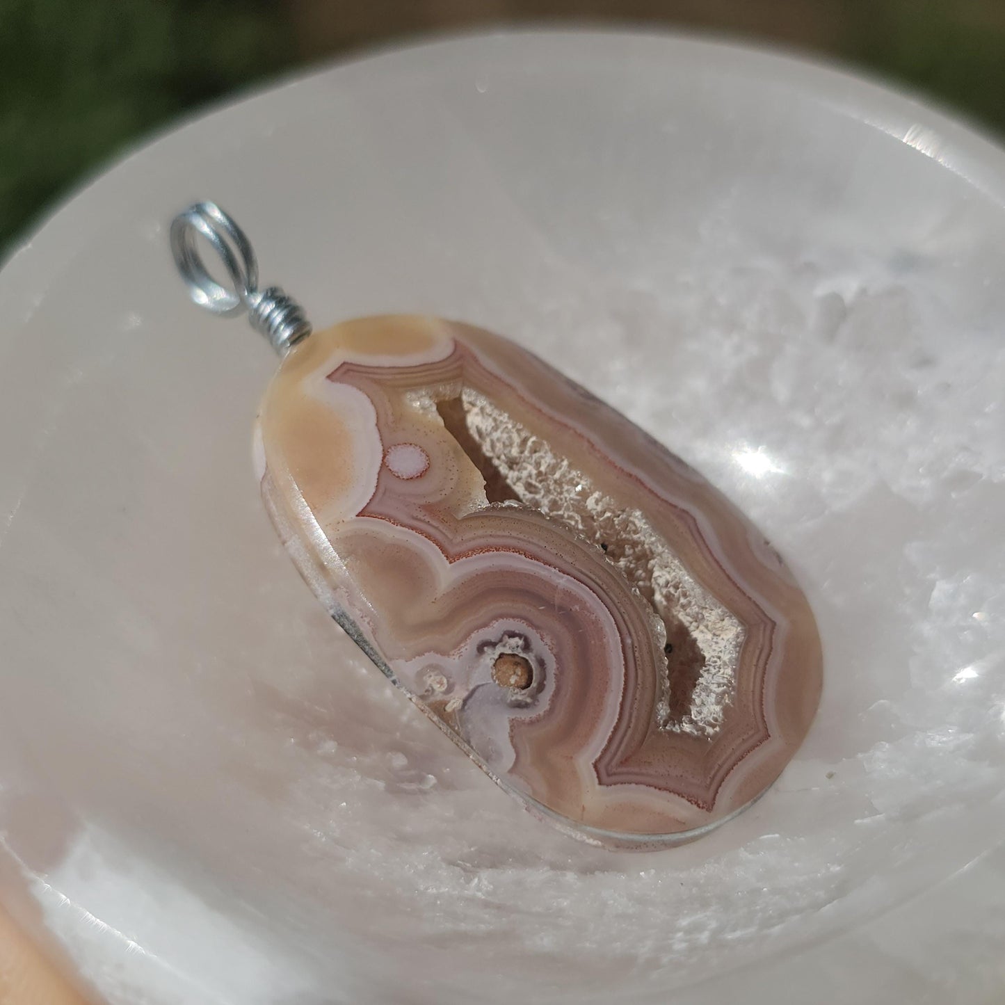 Sunset Laguna Agate Pendant w Druzy in Simple Sterling Silver Setting <100